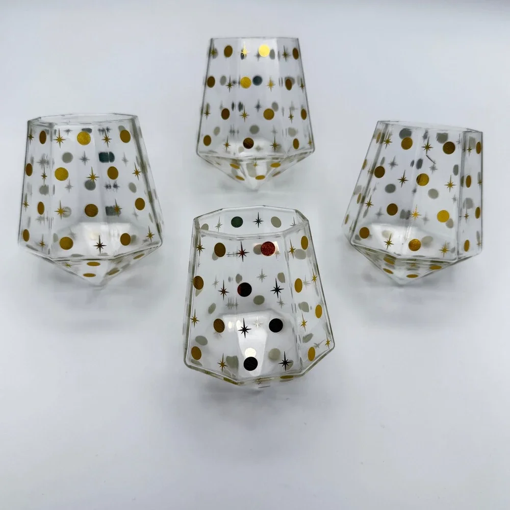 Chic and Tonic Faceted Glass Diamond Tumbler Set 4pc Gold Starburst Mid-Century‎